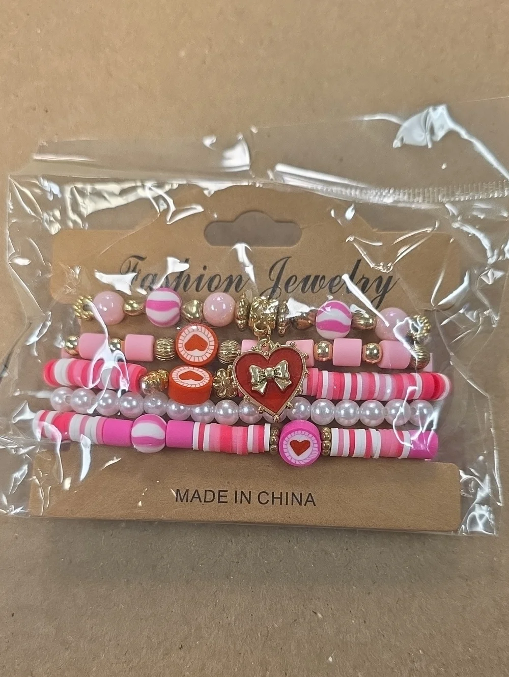 Pink Heart Charm Stackable Bracelet Set